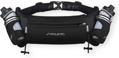 Fitletic Cinto de corrida de hidratação com garrafas de água para homens e mulheres – 2 garrafas de água corrente de fluxo rápido de 227 g, design patenteado sem salto, bolsa resistente à água para