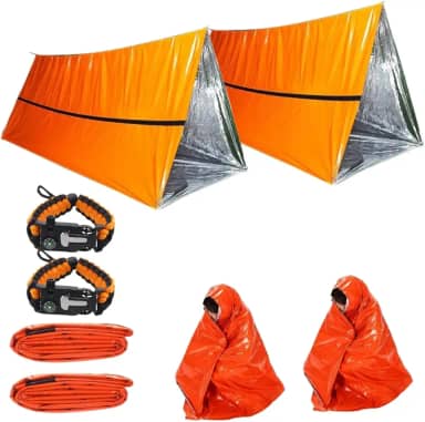 Kit de Sobrevivência Legendários, 2 Sacos de Dormir Térmicos Laranja com 2 Pulseiras Paracord 4 em 1. Multifuncional para Camping, Emergência e Desastres Naturais