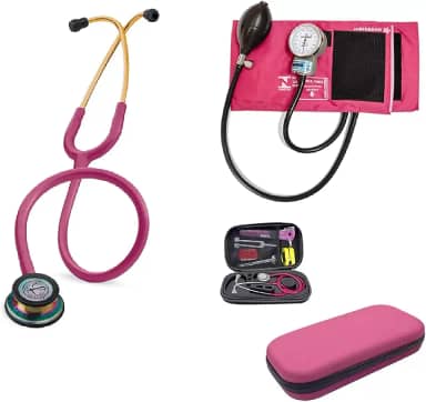 Combo Estetoscópio 3M Classic III Raspberry Rainbow 5806 Littmann, Esfigmomanômetro + Case