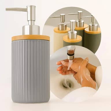 Dispenser de Sabonete Líquido 250ml em Cerâmica com Tampa de Bambu Pump Reforçado Recarregável Elegante para Banheiro Cozinha Lavabo Decoração Minimalista Durável Saboneteira Álcool Gel (Cinza)