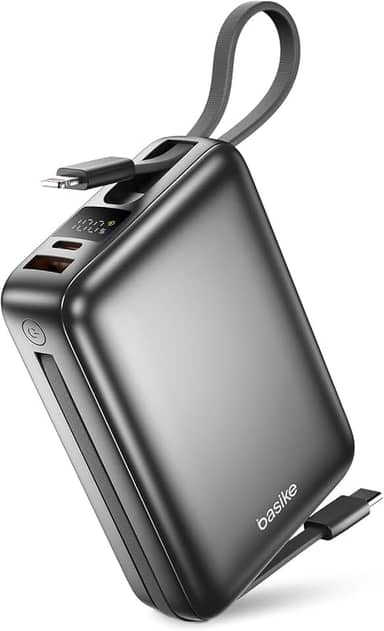 Basike Carregador Portátil, Power Bank 20000mAh com Cabos Integrados, Carregamento Rápido 22.5W(MAX), Compacto, Led Indicador de Bateria para iPhone/Samsung/Huawei/Xiaomi (Cinza)