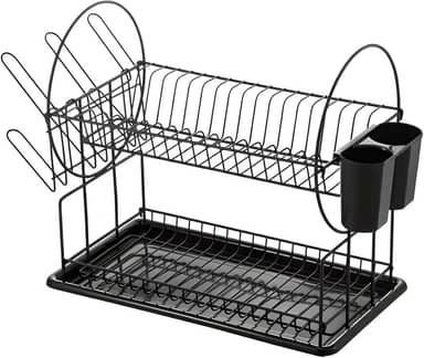 Escorredor de Louça Duplo em Aço Inox, Preto, 2 Andares, 23x36x42cm, Organizador de Cozinha com Suporte para 18 Pratos, 6 Copos, 6 Xícaras e Talheres