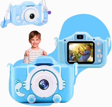 Câmera Infantil HD para Meninos e Meninas – Fotos e Vídeos, Tela LCD 2”, Jogos, Filtros e Bateria Recarregável - Azul