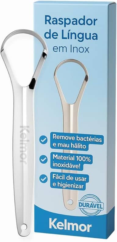 Raspador De Língua Inox Cirúrgico Limpador Bucal Profissional Escova de Língua em Aço Inoxidável Higiene Oral Combate Mau Hálito Fácil Uso e Limpeza Durável e Anatômico