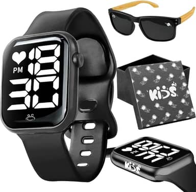Relógio Digital Infantil Preto com LED + Óculos de Sol com Haste Madeira | Presente para Meninos de 3 a 12 Anos com Proteção UV e Caixa Premium