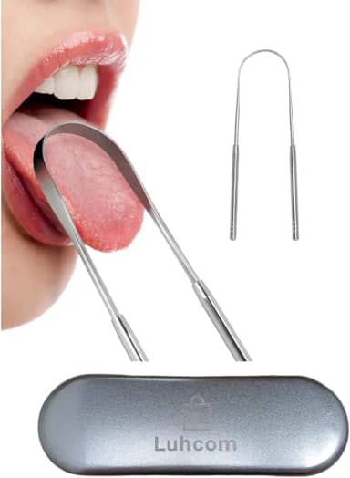 Limpador Raspador de Língua Tipo U Higienizador Bucal de Aço Inox Grau Cirúrgico Com Embalagem Em Estojo De Metal Cor Prata