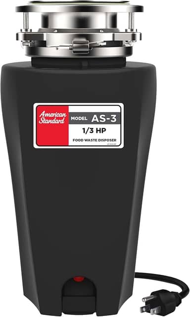 American Standard 10-US-AS-3 Sistema de moagem de resíduos alimentares de aço inoxidável anticongestionamento, linha fina, 1/3 HP, preto