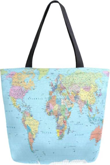 Naanle Bolsa de mão de lona com mapa do mundo grande feminina, casual, bolsa de mão, mapa-múndi, reutilizável, multifuncional, resistente, para compras ao ar livre.