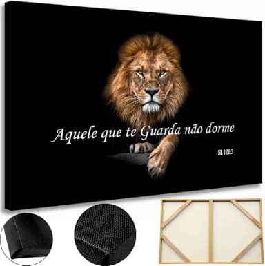 Quadro Decorativo Leão Salmos Tela Grande Madeira e Tecido Canvas 60x90