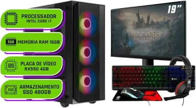 PC Gamer Completo Alligator Shop Intel i7 3770, Radeon RX 550 4GB, Memoria 16GB DDR3, SSD 480GB, Monitor 19 Polegadas