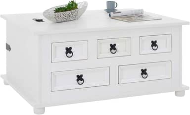 IDIMEX Mesa Centro Madeira Baú Organizador 5 Gavetas Rústico Branco Tequila