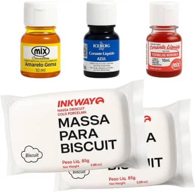 Kit Massa Para Biscuit Branca Natural 170 Gramas E 3 Corantes Líquidos Vermelho Amarelo E Azul Cores Primárias 10 Ml