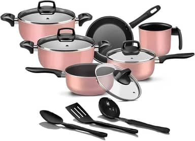 Jogo de Panelas Antiaderente 9 Peças Rosé Conjunto Com tampa de Vidro Teflon