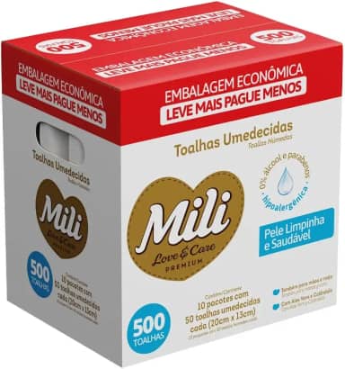 Pack Toalhas Umedecidas MILI Love & Care Premium, 500 Unidades (10 Pacotes de 50) – Mais Grossa, Hipoalergênica, com Aloe Vera e Calêndula