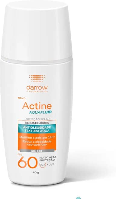 Darrow Actine Aquafluid Protetor Solar Facial FPS 60 40g, Dermatológico, com cor, com P-Refynil e Ácido Glutâmico que Protege contra os raios UVA/UVB, Matifica, Previne Acne e Controla Oleosidade, possui textura ultra fluida aquosa