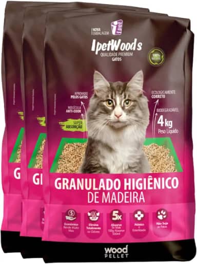 Kit Granulado Higiênico de Madeira para Gatos Ipet Woods, 12kg, Super Absorção, Biodegradável