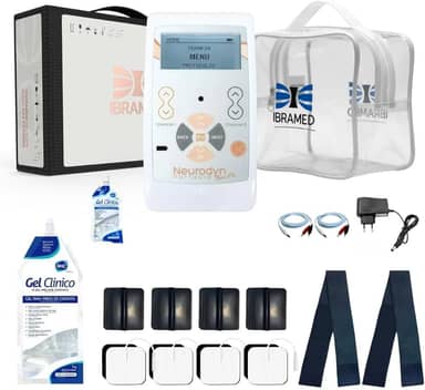 Neurodyn Portátil Ibramed – Aparelho de Eletroestimulação TENS e FES – 2 Canais Bivolt + Kit com Gel, Eletrodos, Faixa Elástica e Maleta de Transporte