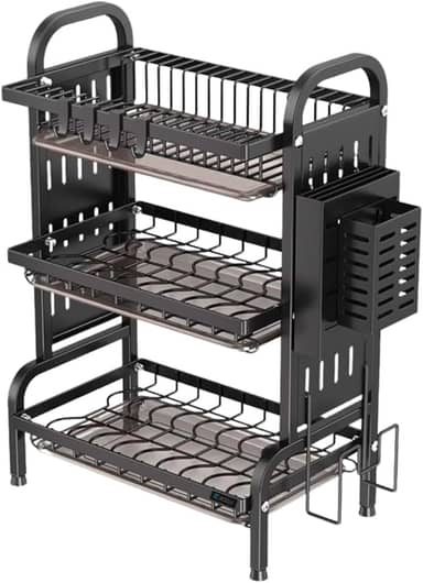 Escorredor de Louça Inox 3 Andares com Bandeja Coletora de Água e Base Antiderrapante Modular, Versátil e Antiferrugem Preto Porta-Pratos Talheres Copos Organização Casa e Cozinha Suspenso LEUZZA