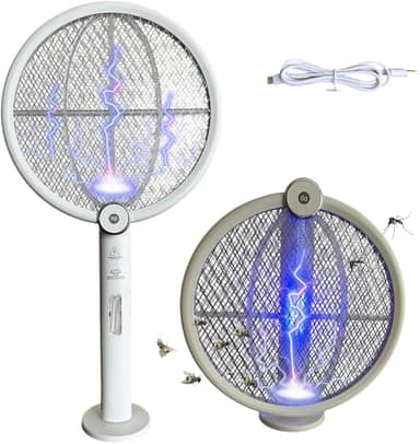 Raquete Elétrica Recarregável Cor Branca Mata Mosquistos Pernilongos Com Iluminação Luz UV Atrai Insetos Raquete Dobravél Com Suporte De Mesa E USB