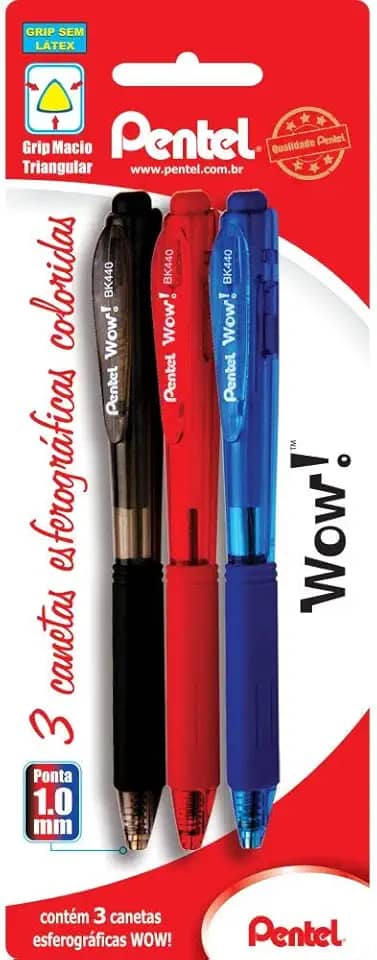 Kit com ‎3 Contagem (Pacote de 1) Canetas Esferográficas, Pentel, Preta/ Vermelha/ Azul Wow!