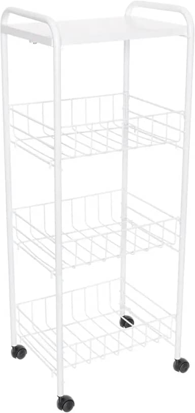Fruteira de Chão 3 Cestos com Tampo de Madeira e Rodas, Cor Branco, Metaltru
