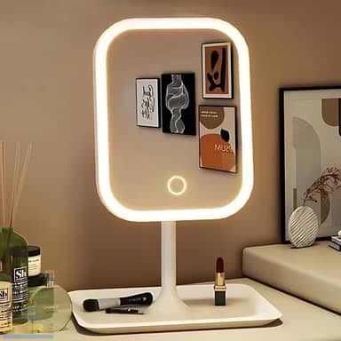 Espelho de Mesa para Maquiagem Recarregável com Luzes LED em 3 Cores Ajustáveis com Botão Touch Screen e Base Porta Objetos Jóias