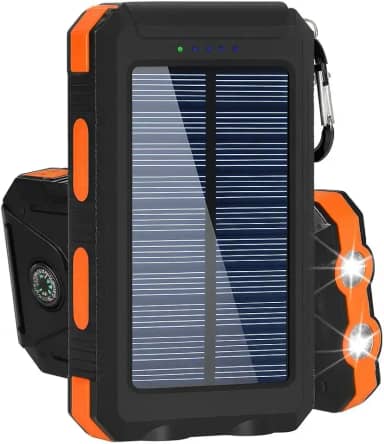 Power Bank Solar Portátil, 10000mAh, Preto, Carregamento Rápido, Bateria Solar com LED, USB Duplo, Resistente à Água IP4, para Smartphones e Dispositivos USB (Laranja)