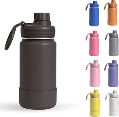 Garrafa Térmica Infantil - 350ml, Aço Inox 304 Parede Dupla de Isolamento 24horas Gelado, Tampa Rosca De Segurança, Anti Vazamento, Base Silicone AntiDerrapante, BPA Free (Preto)