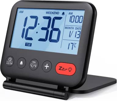NOKLEAD Despertador digital de viagem para quarto e escritório: relógio de mesa LCD pequeno com luz de fundo, data, temperatura, soneca 12/24h, modo de fim de semana e espelho, relógio de cabeceira