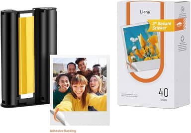 Liene Papel fotográfico M110 7,6 x 7,5 cm, 40 folhas e 1 cartucho, papel adesivo para impressora fotográfica premium, impermeável, à prova de manchas, papel fotográfico instantâneo para impressora