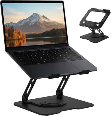 Suporte para Notebook de até 17” em Aço Carbono, Ajustável, Dobrável, Base Giratória 360° e Ventilação, Ergonômico e Portátil para Home Office e escritório, também para tablets e celulares