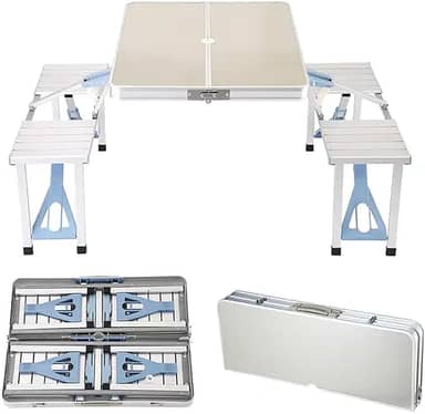 Mesa Dobrável Camping Maleta Banquetas Alumínio Acampamento - Mesa Dobrável de Acampamento - Prata - 85 cm x 66 cm - 2 Pessoas