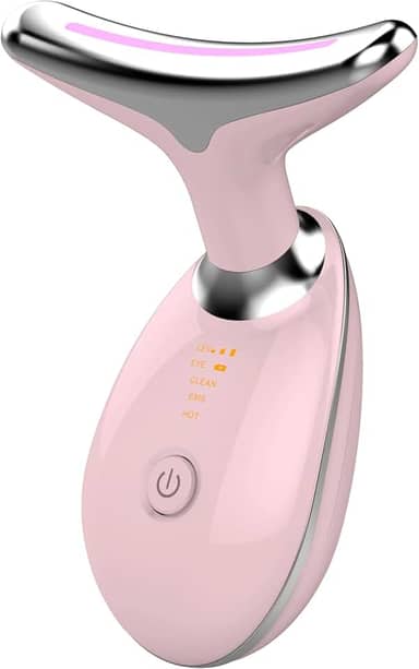 Massageador Facial LED 7 Cores - Modos, Aparelho Anti-Rugas para Rosto e Pescoço, Tratamento Estético Vibratório com Luz LED Para Elevação da Pele Lifting Bivolt Recarregável (Rosa)