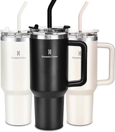 Romantic Crown Copo Térmico com Canudo Tampa e Alça 1,18L, Cops Garrafas Termico para viagem vácuo dupla camada aço inoxidável, Caneca Termica Cafe Água Chá,Presente, Fitness (Preto)