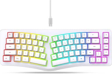 Yunseity Teclado ergonômico dividido, 69 teclas com 18 modos RGB retroiluminado para computador, teclas confortáveis, espaços compartilhados, design dividido para digitação confortável (branco)
