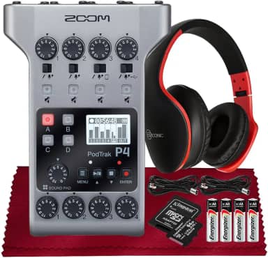 Zoom PodTrak P4 Gravador de Podcast Multitrack portátil, interface de áudio com 4 entradas de microfone, 4 saídas de fone de ouvido com SD de 64 GB, 2 cabos XLR, fone de ouvido com microfone embutido,