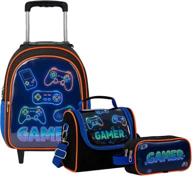 Kit Mochila de Rodinha Escolar Gamer Infantil Masculino + Lancheira Transversal + Estojo Duplo Menino