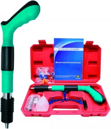 Pistola de Pino Profissional Ação Direta - Kit Completo Com Maleta (Óculos/Luvas/Protetor Auditivo), Baixo Ruído <85dB, Anti-Recuo - Para Concreto, Madeira e Metal.