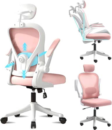 Cadeira de Escritório Ergonômica, Equipado com Suporte Lombar Ajustável, Tela Respirável e Apoio de Cabeça Ajustável, Ideal para Longos Períodos de Trabalho Sentado (Branco e Rosa)