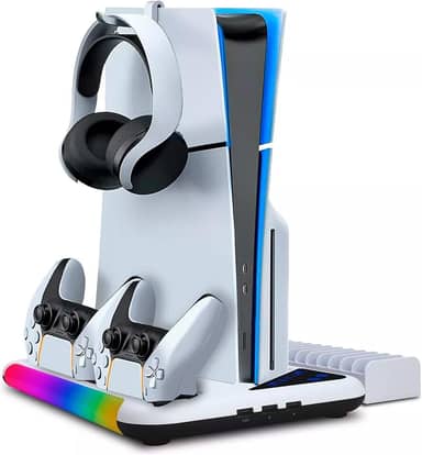 Suporte Cooler de Resfriamento RGB Carregador Controle Compatível com Console PS5 / PS5 Slim Playstation, com 2 Carregador Controle Bateria 600mah