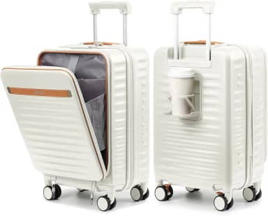 Mala de mão aprovada por companhias aéreas com compartimento para laptop e suporte de copo, mala de mão rígida de 50 cm com rodas giratórias e trava TSA para mulheres e homens, Bege, 20 Inch