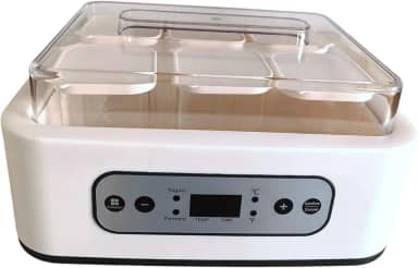 Iogurteira elétrica multifuncional com 6 copos de vidro para fermentação fácil e controle constante de temperatura.