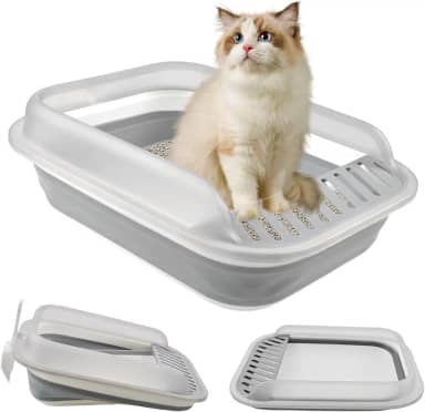 kathson Caixa de areia dobrável para gatinhos, caixa de areia para gatos idosos de baixa entrada semi fechada vaso sanitário com pedal à prova de vazamento panela de areia dobrável para gatos pequenos