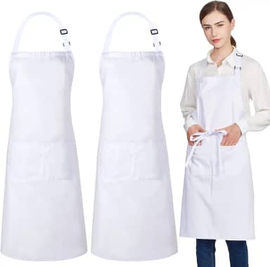 Aventais Jubatus, 2 unidades, com 2 bolsos, avental de cozinha para mulheres, chef masculino, com alça ajustável no pescoço e gravatas extralongas tamanho único, Branco, 2