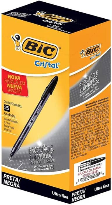 Caneta Esferográfica BIC Cristal Precisão e Suavidade, Preta, Ponta Ultra Fina, 0.7mm, 902489, 25 unidades