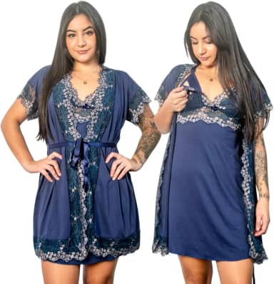 Kit Maternidade Luxuoso, Roupão e Camisola de Amamentação, Bicolor, Para Pós Parto