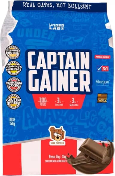Captain Gainer Under Labz Hipercalórico Chocobear 3kg – Suplemento para Ganho de Peso e Massa Muscular com Alto Teor Calórico, Proteínas de Qualidade e Carboidratos Complexos, Energia e Força para Treinos Intensos
