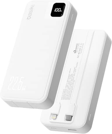 Basike Power Bank, Carregador Portátil Universal 20000mAh, USB-A(até 22.5W)+USB-C(até PD20W), com 2 Cabos Integrados (USB-C, Lightning) Carregamento Rápido, Led Indicador de Bateria (Branco)