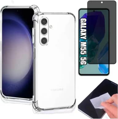 [GL CASES] Kit Capa Samsung Galaxy M55 Case Capinha Anti Impacto Reforçada Silicone Transparente Flexível Proteção De Câmera + Pelicula Samsung Galaxy M55 De Privacidade Vidro Anti Spy Espião