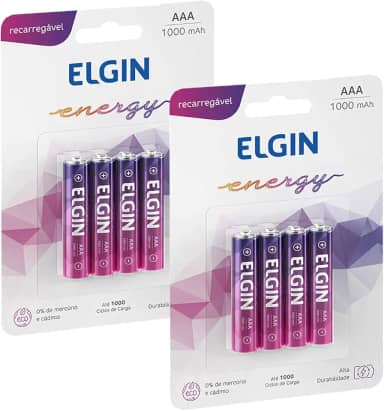 8 Pilhas Elgin AAA 1000mah Recarregável 2 Cartelas C/ 4 Unidades